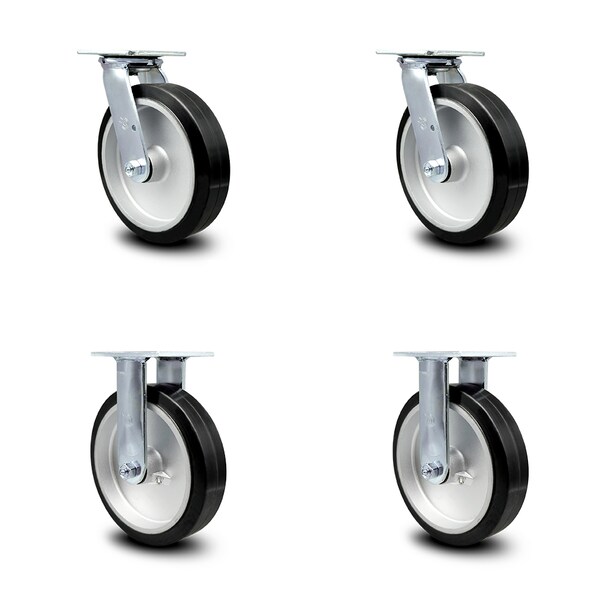 8 Inch Rubber on Aluminum Caster Set with Ball Bearings 2 Swivel Lock 2 Rigid